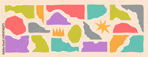 Torn colored paper strips set different shapes. Ripped sheets with jagged edges. Crumpled cardboard with wavy edge. Cut square and rectangular notepad page fragments, scraps, pieces with ragged border