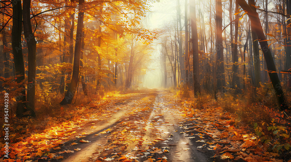 Obraz premium autumn forest path background in the morning