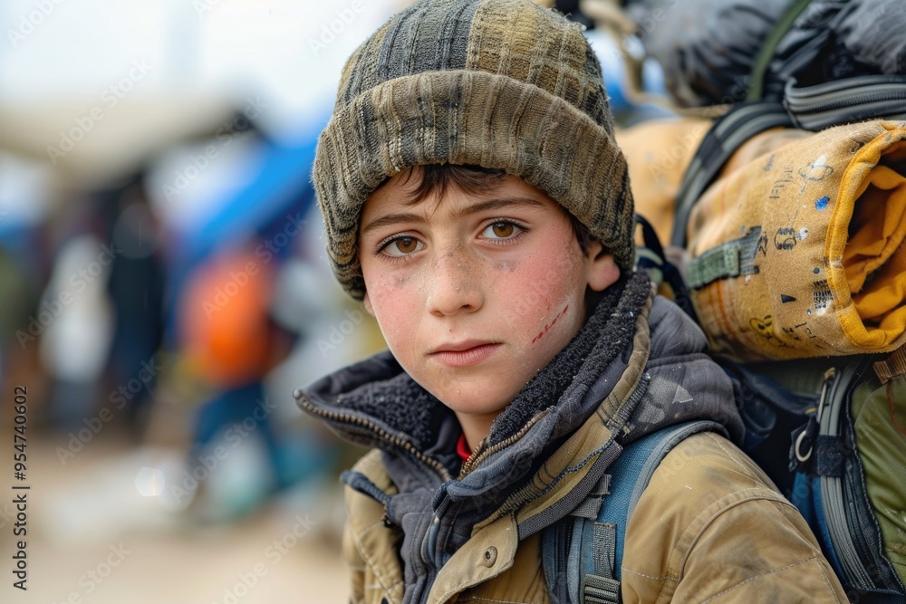 Young Boy Outdoors in Cold Weather with Camping Gear Young Boy Outdoors in Cold Weather with Camping Gear