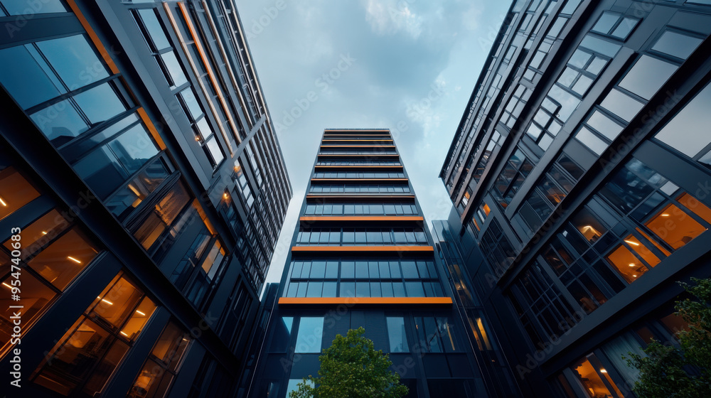 Contemporary office building with sleek, reflective glass facades and sharp angles, set against a moody sky in an urban environment. Contemporary office building with sleek, reflective glass facades and sharp angles, set against a moody sky in an urban environment.