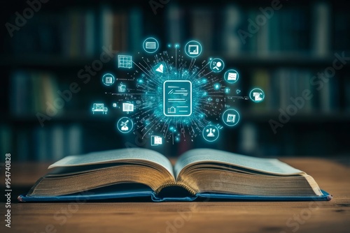 open book with digital holographic education icons. Online learning concept