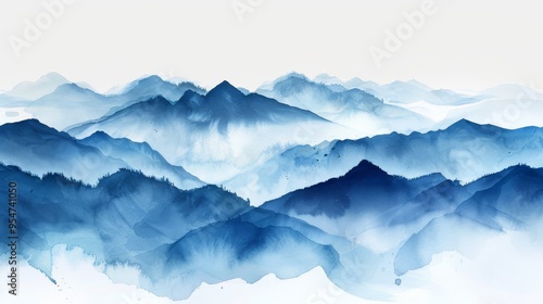 Abstract Watercolor Mountain Landscape in Blue Tones