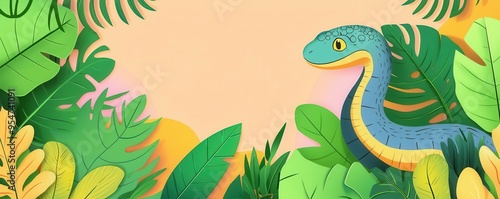 Python flat design, top view, rainforest theme, cartoon drawing, Complementary Color Scheme