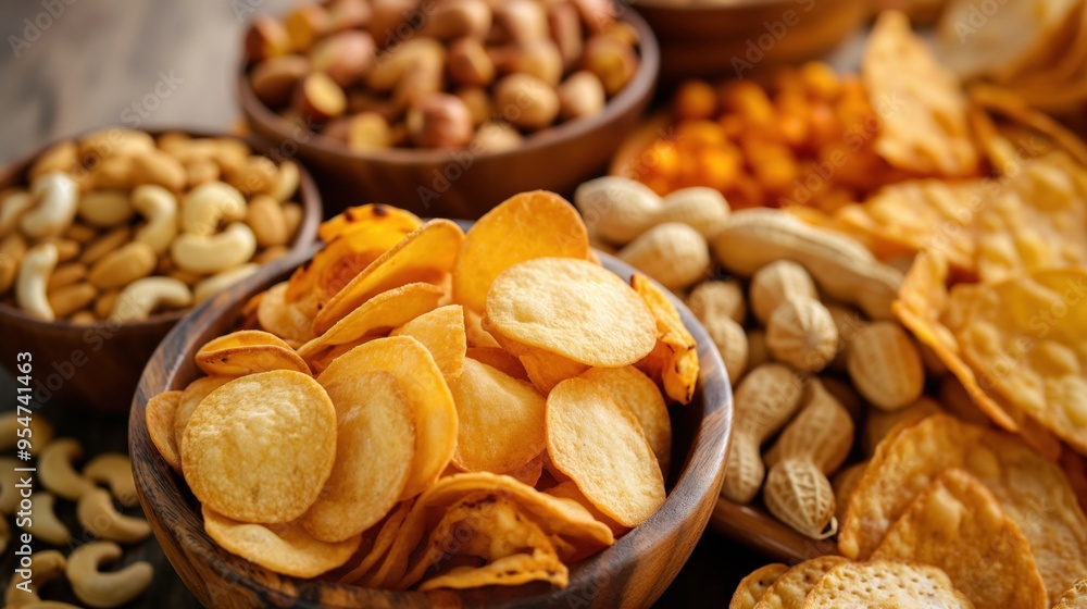 Assortment of different chips and snacks, a set of chips. Popcorn, nachos, potato chips, cheese pops, nacho chips, nuts, croutons, pretzels. Assortment of crispy salty snacks for beer.Not healthy food Assortment of different chips and snacks, a set of chips. Popcorn, nachos, potato chips, cheese pops, nacho chips, nuts, croutons, pretzels. Assortment of crispy salty snacks for beer.Not healthy food