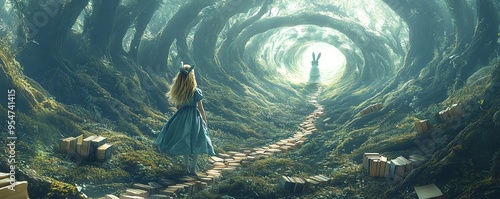 Create an image of Alice from Wonderland following a white rabbit into a rabbit hole, with the rabbit leaving a trail of books as breadcrumbs