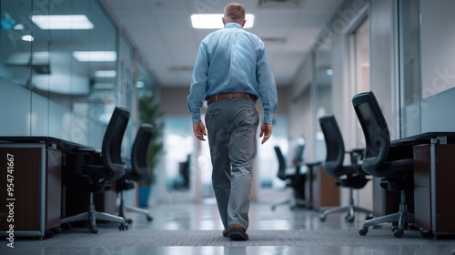 A man in a light blue shirt and gray trousers strolls through a contemporary office corridor, flanked by empty desk spaces and chairs, embodying focus and determination