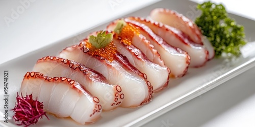 Sliced Octopus Tentacles with Red Caviar and Green Garnish on a White Plate photo