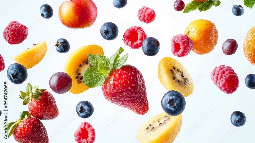 Flying different fresh fruits in air on white background. Falling fruits mix multifruit Flying different fresh fruits in air on white background. Falling fruits mix multifruit