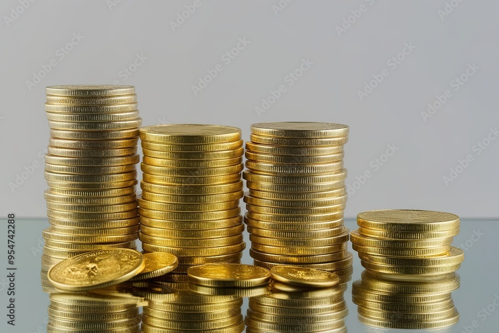 Stacks of Pristine Gold Coins and Treasures on a Clear Background Stacks of Pristine Gold Coins and Treasures on a Clear Background