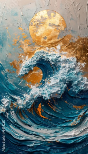 Abstract Ocean Wave Painting with Gold Accents