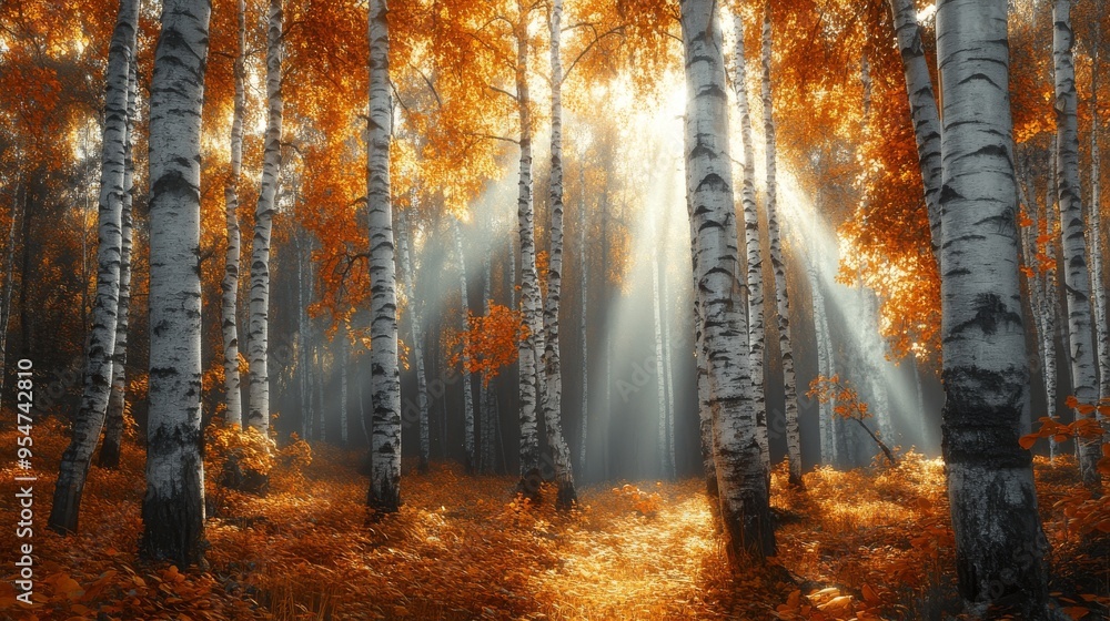 Obraz premium Sunlight Streaming Through Autumnal Birch Trees