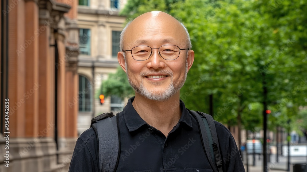 A friendly Asian man in his fifties stands on a London street, smiling at the camera while carrying backpacks and dressed casually A friendly Asian man in his fifties stands on a London street, smiling at the camera while carrying backpacks and dressed casually