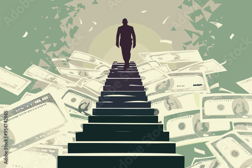 Businessman Climbing Money Staircase to Achieve Financial Freedom and Success