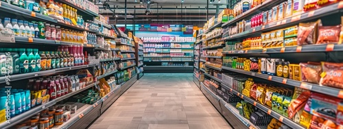 Well-organized supermarket aisle with various products on shelves