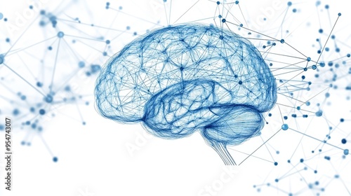 A modern brain mockup represents intelligence connected to a network of digital nodes and synapses showcasing advanced thinking