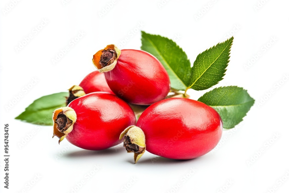 A rose hip berry with leaves isolated on a white background A rose hip berry with leaves isolated on a white background