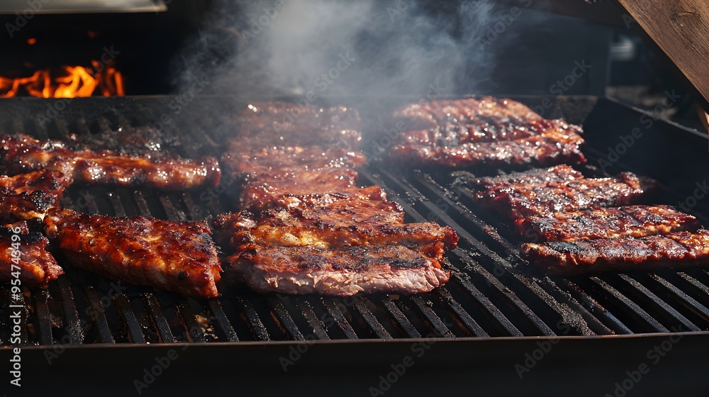 Close up of ribs grilling on a barbecue. Close up of ribs grilling on a barbecue.
