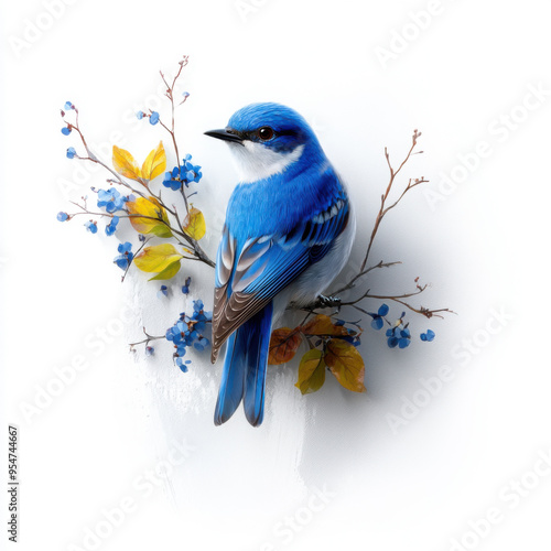 A vibrant blue bird perched on a branch adorned with small flowers, captured in a minimalist, artistic composition. photo