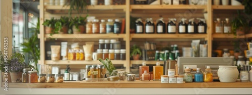 Rustic natural skincare and wellness products on wooden shelves