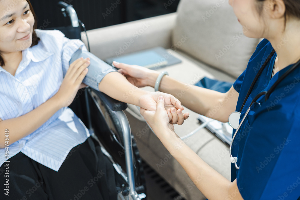 Friendly nurse doctor offering patient support during recovery. A loving caregiver taking care of her patient and showing kindness while doing a checkup in living home. Friendly nurse doctor offering patient support during recovery. A loving caregiver taking care of her patient and showing kindness while doing a checkup in living home.