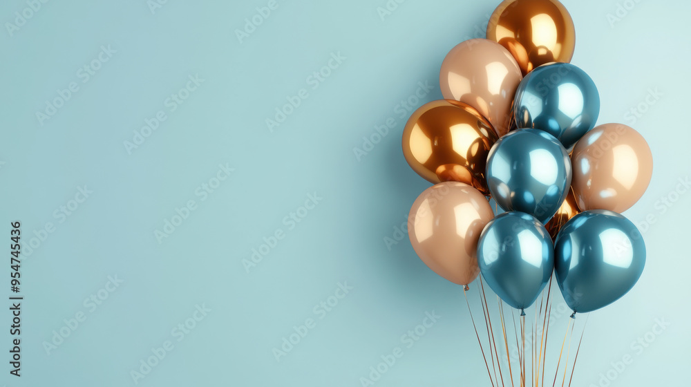 Holiday background with golden and blue metallic balloons, confetti and ribbons. Holiday background with golden and blue metallic balloons, confetti and ribbons.
