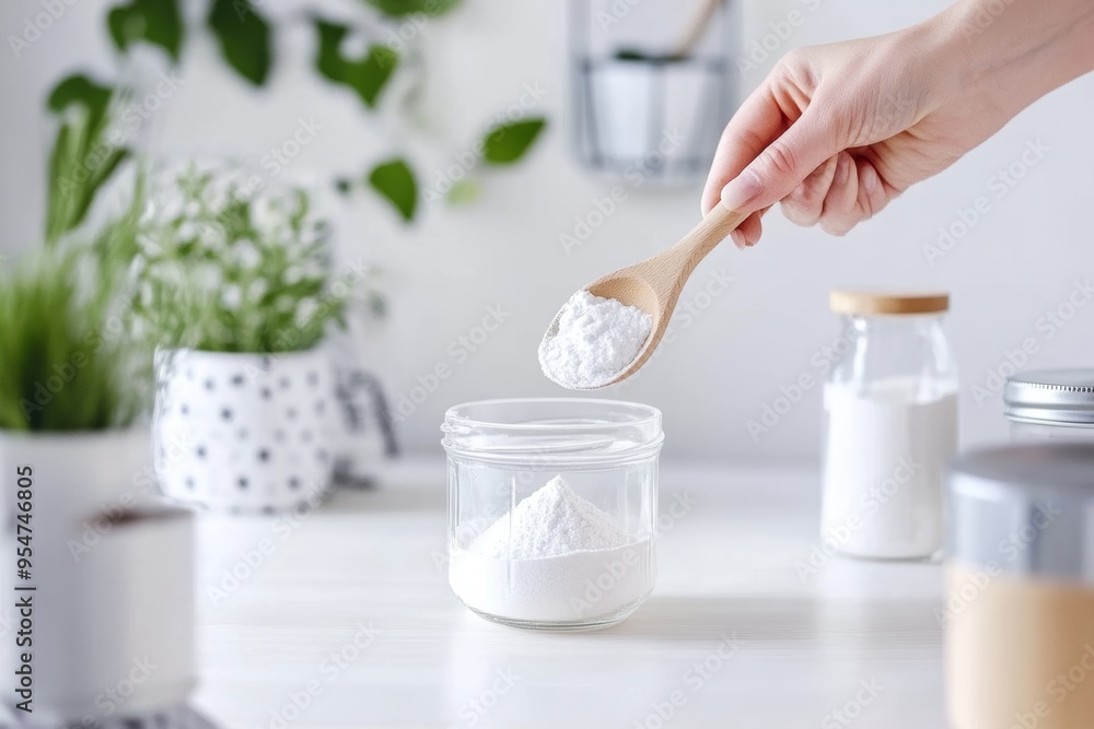 Sea salt, starch, wooden spoon, and jar for recipes Sea salt, starch, wooden spoon, and jar for recipes