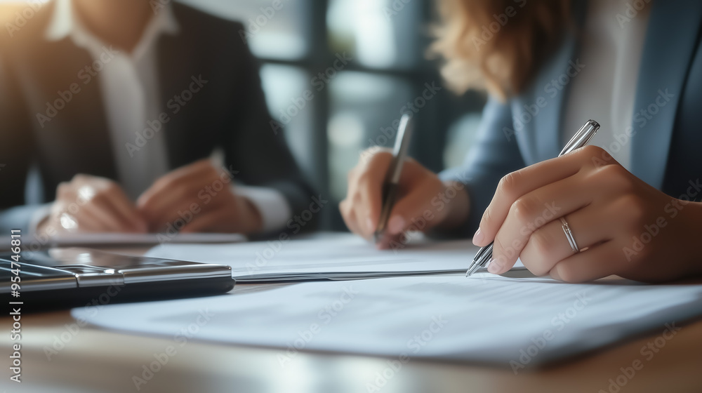 Hands of business people working on documents around a table, capturing a collaborative work environment. Hands of business people working on documents around a table, capturing a collaborative work environment.