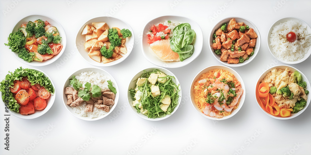 A top-down perspective of multiple small bowls filled with diverse healthy foods, including vegetables, lean proteins, and grains, highlighting a well-balanced diet full of nutrition and color. A top-down perspective of multiple small bowls filled with diverse healthy foods, including vegetables, lean proteins, and grains, highlighting a well-balanced diet full of nutrition and color.