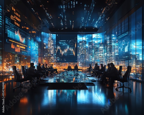 Design a hightech boardroom filled with pharmaceutical executives celebrating their companies 1 trillion valuations photo