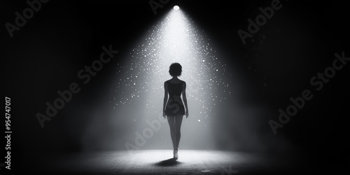 A lone dancer is illuminated by a spotlight in the midst of a dark, misty stage, capturing the intensity and emotion of her performance. photo