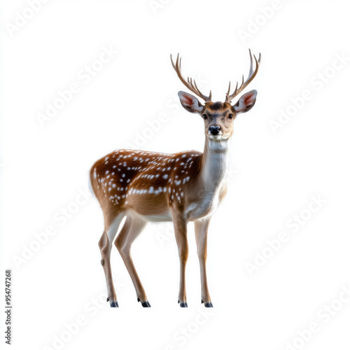 Spotted deer standing on a white background, isolated, ideal for wildlife, animal, or nature-related projects and designs.