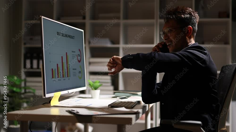 Late night hustle: Business professional works overtime in a dimly lit office, analyzing sales charts on a computer and discussing data on the phone. Engaged in nighttime tasks and business analysis. Late night hustle: Business professional works overtime in a dimly lit office, analyzing sales charts on a computer and discussing data on the phone. Engaged in nighttime tasks and business analysis.