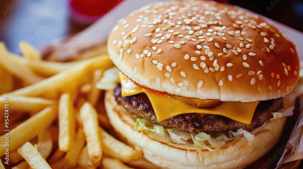Fast food. Burger with fries. Cheeseburger. Hamburger. Tasty burger with cutlet, cheese, tomato, burger for fast food menu. Fast food. Burger with fries. Cheeseburger. Hamburger. Tasty burger with cutlet, cheese, tomato, burger for fast food menu.