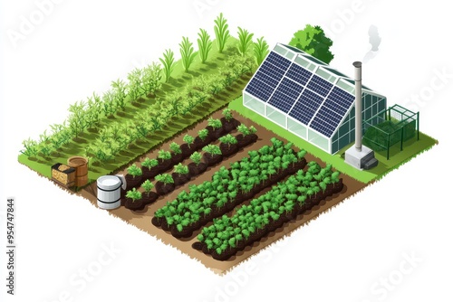 Sustainable Farming Practices: A modern, eco-friendly farm with solar panels, greenhouses, and organic crops growing in neat rows. The farmer is using sustainable tools, such as a compost bin or rainw photo