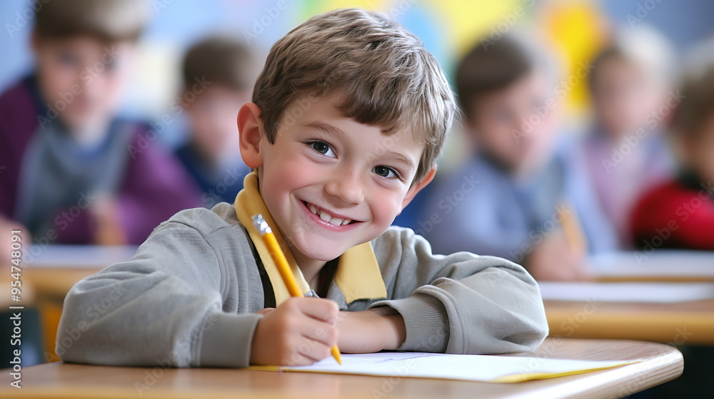 Happy schoolboy writing test in classroom, Students are intent on studying. Happy schoolboy writing test in classroom, Students are intent on studying.
