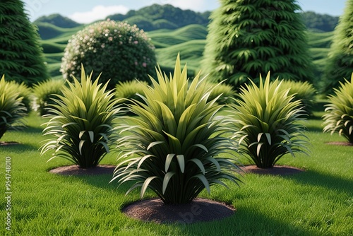 3D Visualization of Dwarf Ophiopogon Japonicus Plant Cluster in Lush Green Landscape photo