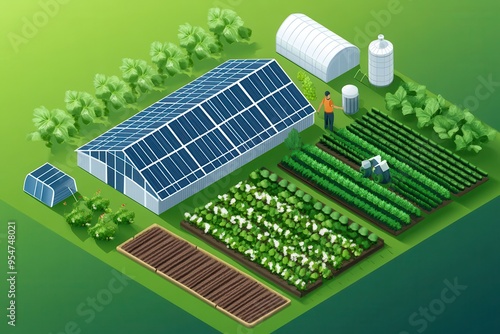 Sustainable Farming Practices: A modern, eco-friendly farm with solar panels, greenhouses, and organic crops growing in neat rows. The farmer is using sustainable tools, such as a compost bin or rainw photo