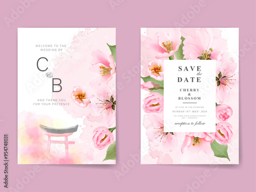 beautiful sakura watercolor wedding invitation card template