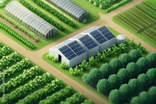 Sustainable Farming Practices: A modern, eco-friendly farm with solar panels, greenhouses, and organic crops growing in neat rows. The farmer is using sustainable tools, such as a compost bin or rainw photo