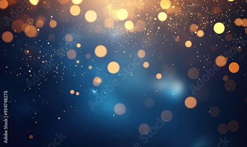 Abstract blue background with bokeh lights and glitter.