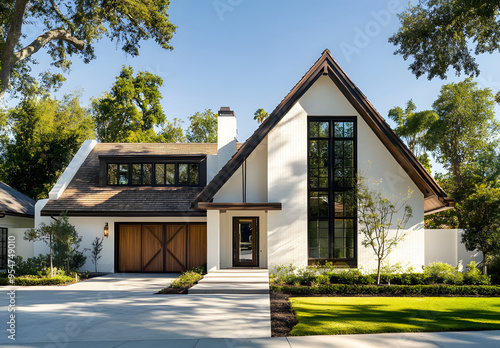 the front view exterior, white brick home with dark wood accents and gable roof in beverly hills california. large oak trees surround house