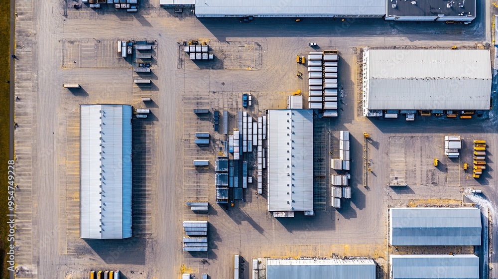 Aerial view of industrial complex with buildings and trucks. Aerial view of industrial complex with buildings and trucks.