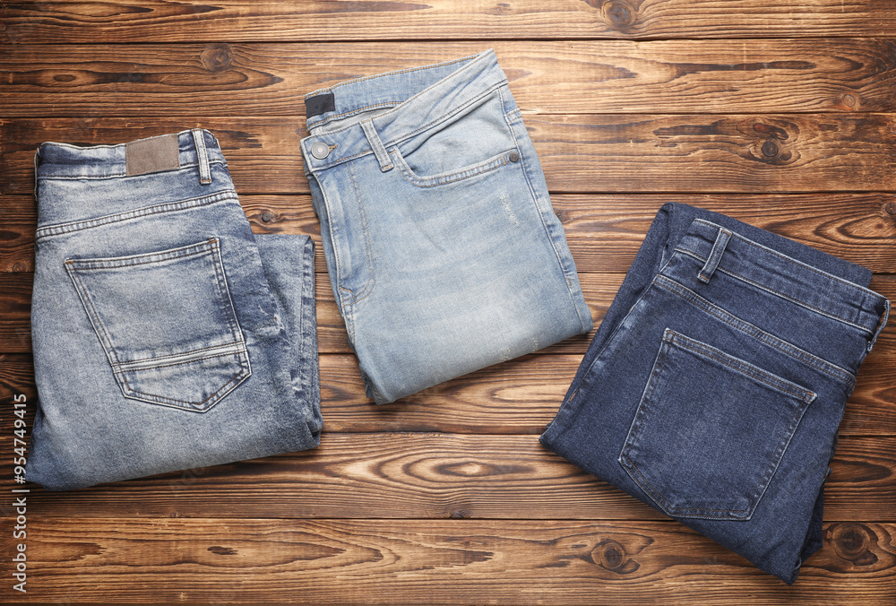 Blue jeans pants on wooden background Blue jeans pants on wooden background