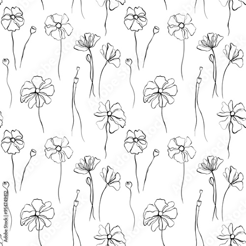 Seamless pattern with hand drawn poppy flowers. Abstract illustration.