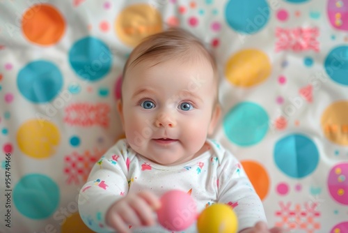 A playful baby with bright, curious eyes, reaching for a colorful rattle, surrounded by a backdrop of whimsical geometric shapes and playful dots.