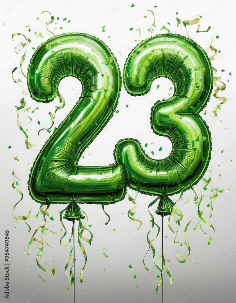 green birthday / anniversary balloon, number 23, white background with confetti green birthday / anniversary balloon, number 23, white background with confetti