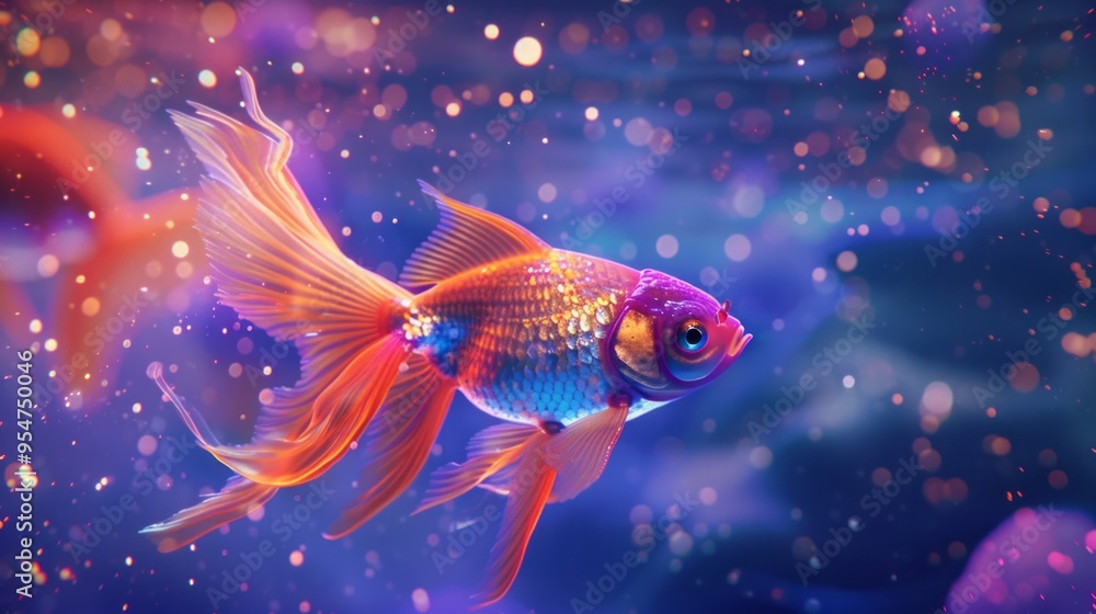 A colorful fish swimming in a tank with a blue background A colorful fish swimming in a tank with a blue background