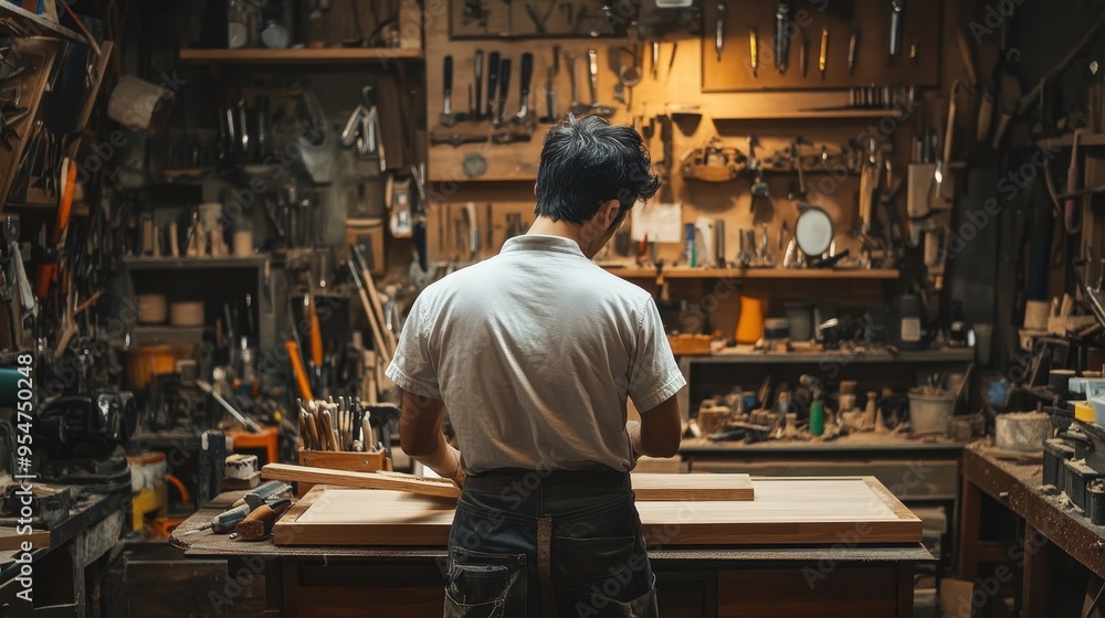 Craftsman at Work in Rustic Woodworking Workshop Craftsman at Work in Rustic Woodworking Workshop