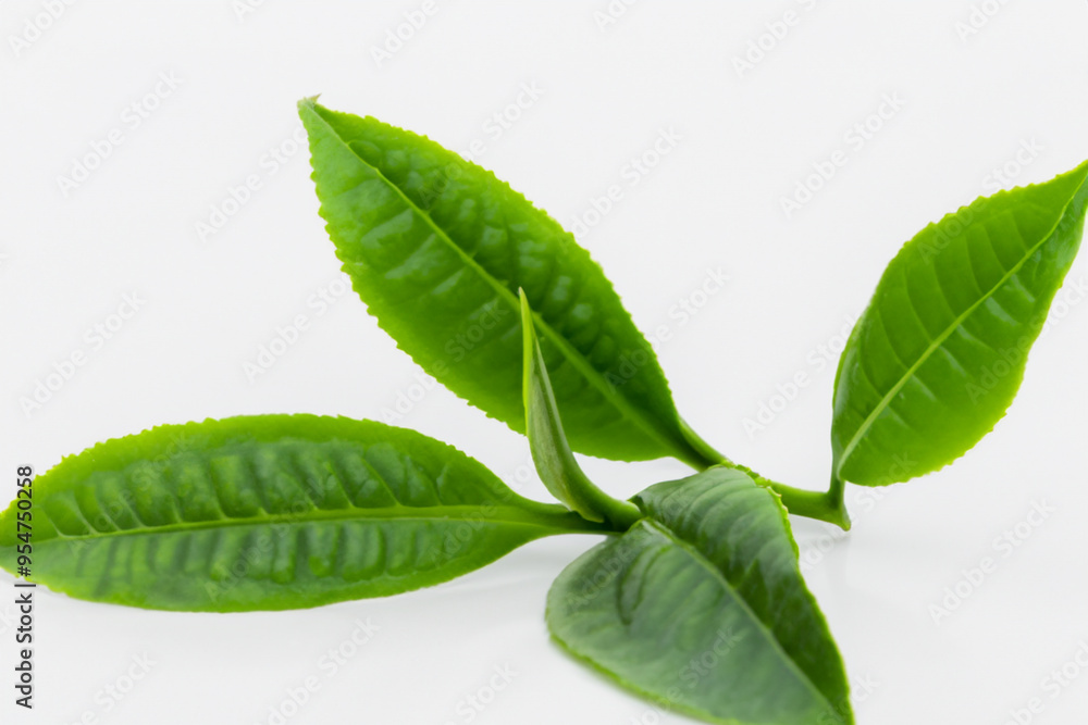 Obraz premium Tea in green and white on a. Leaf plant fresh concept. Green tea leaves with white. Green tea with white leaves on lifestyle a white.