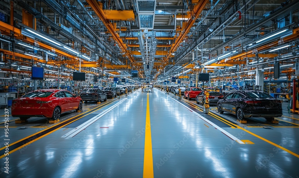 Cars on assembly line in automotive factory. Cars on assembly line in automotive factory.